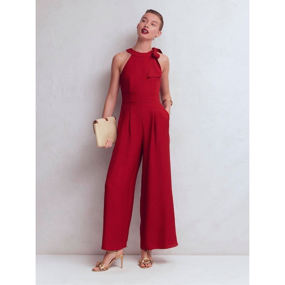 Boden Red Halter Bow Neck Wide Leg Jumpsuit Lenzing Ecovero Size US 10P D1716